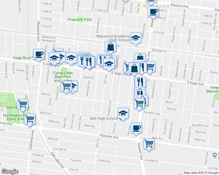 map of restaurants, bars, coffee shops, grocery stores, and more near 6608 Otis Avenue in Bell