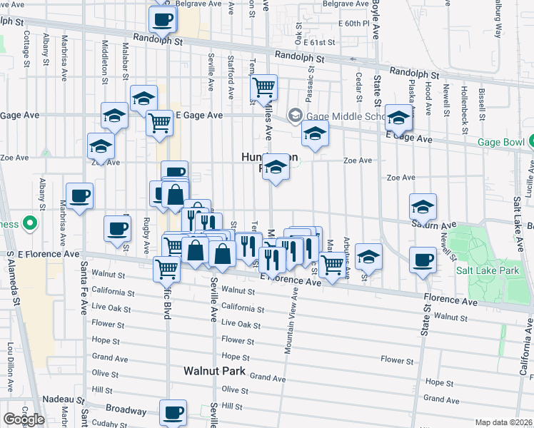 map of restaurants, bars, coffee shops, grocery stores, and more near 6914 1/4 Templeton Street in Huntington Park