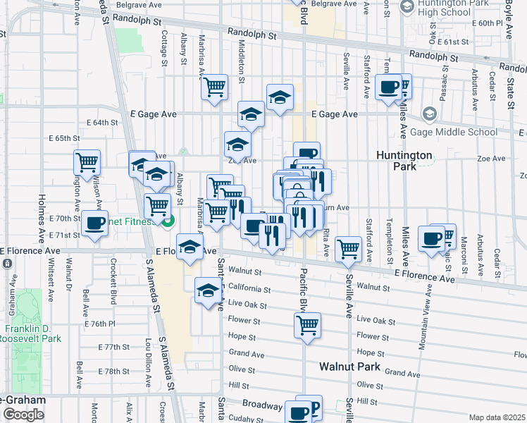 map of restaurants, bars, coffee shops, grocery stores, and more near 6911 Rugby Avenue in Huntington Park