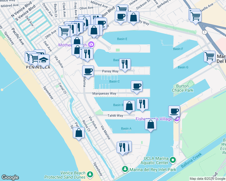 map of restaurants, bars, coffee shops, grocery stores, and more near 14021 Marquesas Way in Marina del Rey