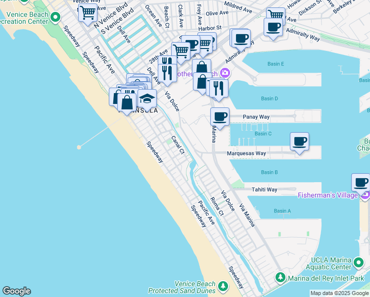 map of restaurants, bars, coffee shops, grocery stores, and more near 3811 Via Dolce in Marina del Rey