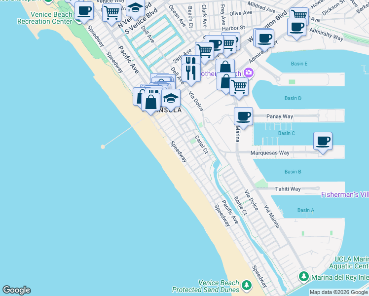 map of restaurants, bars, coffee shops, grocery stores, and more near 16 Eastwind Street in Marina del Rey