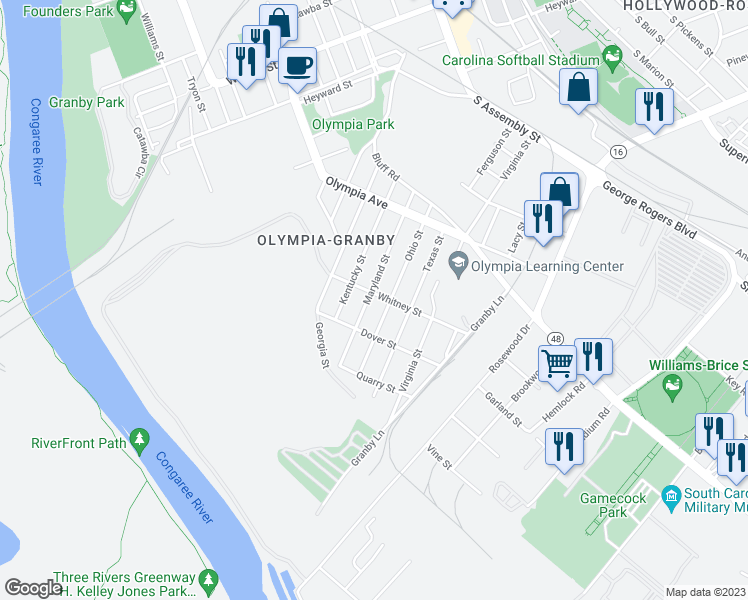 map of restaurants, bars, coffee shops, grocery stores, and more near 1217 Whitney Street in Columbia