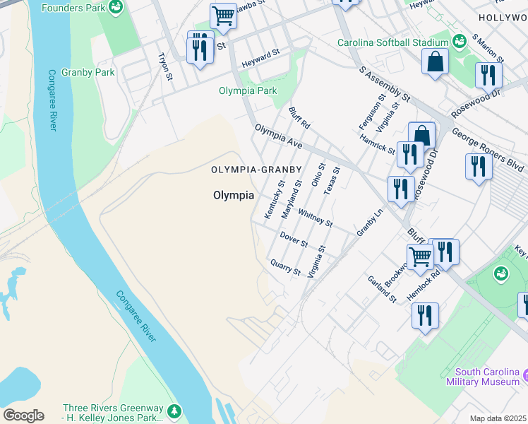 map of restaurants, bars, coffee shops, grocery stores, and more near 646 Kentucky Street in Columbia