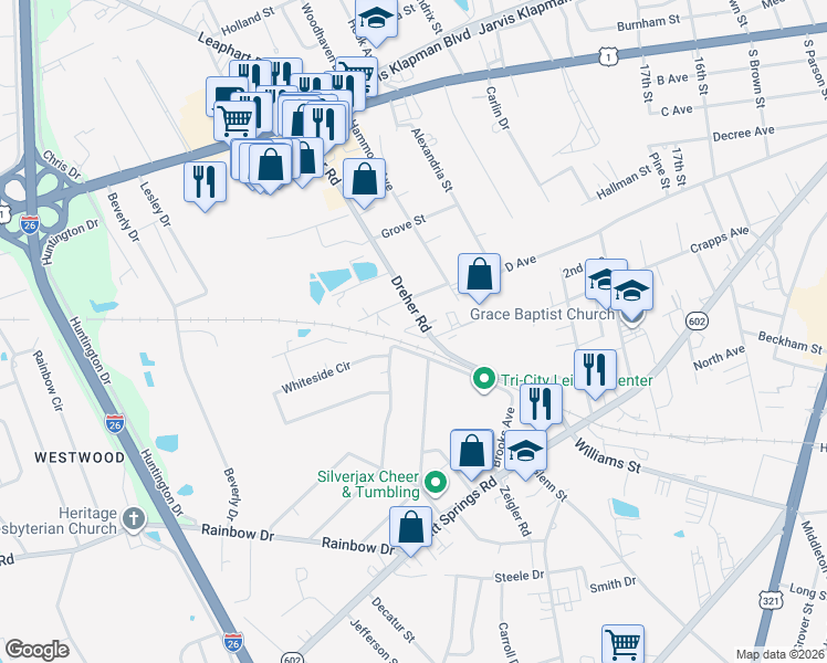 map of restaurants, bars, coffee shops, grocery stores, and more near 315 Dreher Road in West Columbia