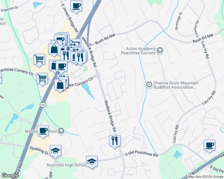 map of restaurants, bars, coffee shops, grocery stores, and more near 3658 Petherton Way Northwest in Norcross