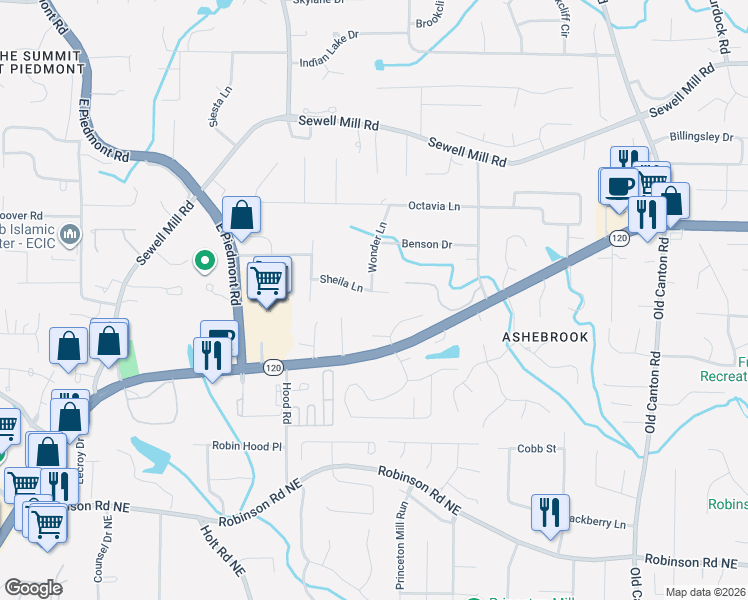 map of restaurants, bars, coffee shops, grocery stores, and more near 2672 Sheila Lane in Marietta