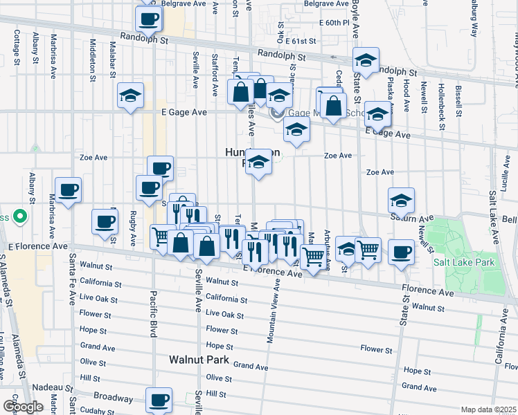 map of restaurants, bars, coffee shops, grocery stores, and more near 6904 Miles Avenue in Huntington Park