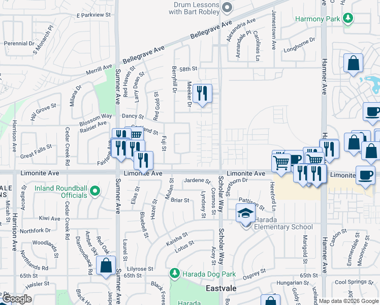 map of restaurants, bars, coffee shops, grocery stores, and more near Lemaitre Drive in Eastvale