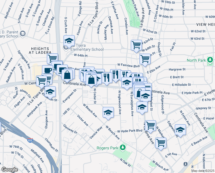 map of restaurants, bars, coffee shops, grocery stores, and more near Centinela Ave & Enterprise Ave in Inglewood