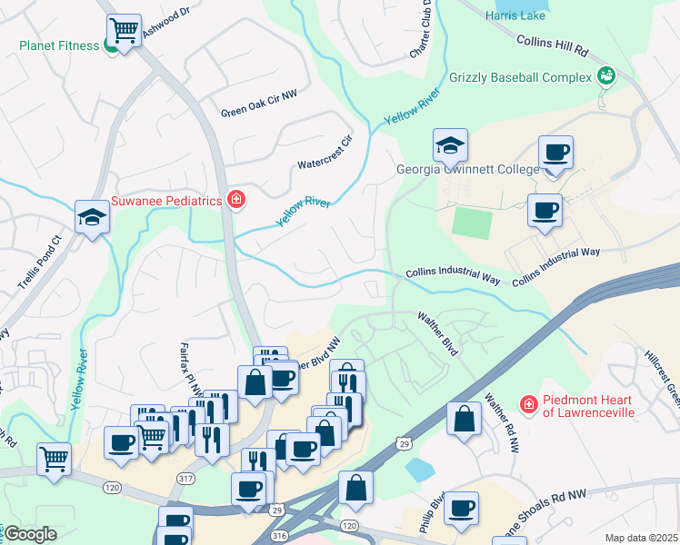 map of restaurants, bars, coffee shops, grocery stores, and more near 300 Twin Brook Way Northwest in Lawrenceville