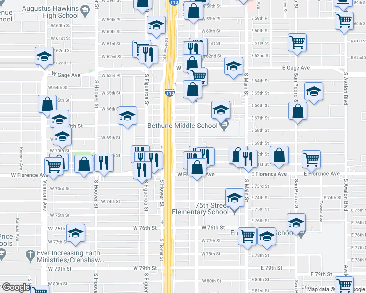 map of restaurants, bars, coffee shops, grocery stores, and more near 333 West 70th Street in Los Angeles