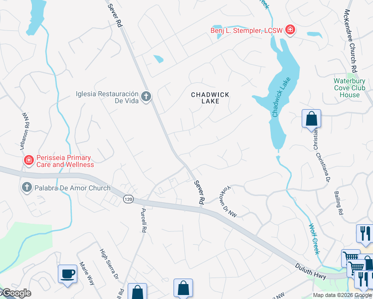 map of restaurants, bars, coffee shops, grocery stores, and more near 1425 Home Place Drive in Lawrenceville