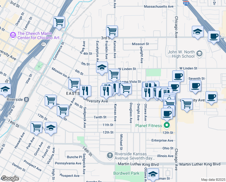 map of restaurants, bars, coffee shops, grocery stores, and more near 3735 Kansas Avenue in Riverside