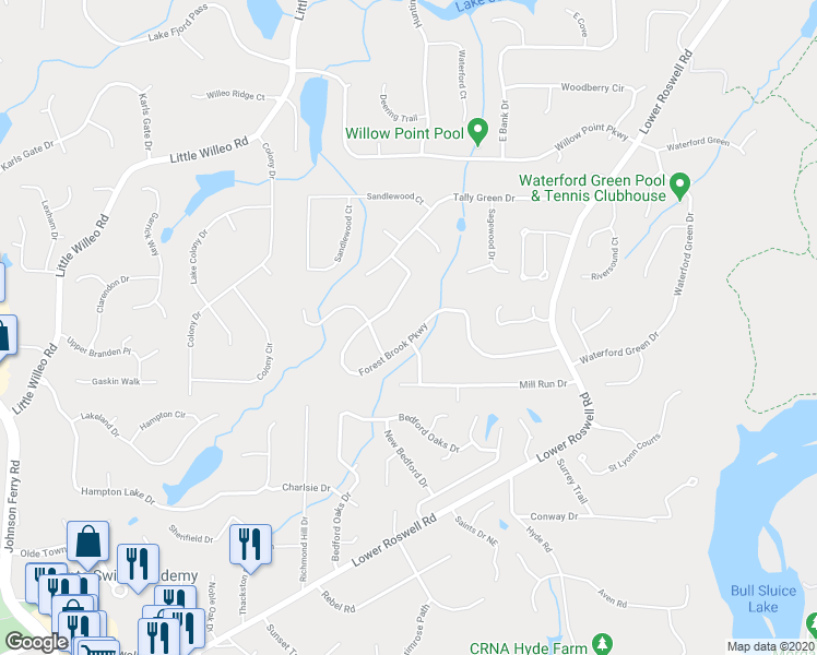 map of restaurants, bars, coffee shops, grocery stores, and more near 5257 Forest Brook Parkway in Marietta
