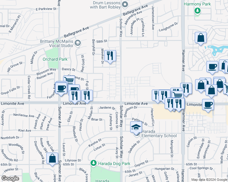 map of restaurants, bars, coffee shops, grocery stores, and more near 6109 Snapdragon Street in Corona