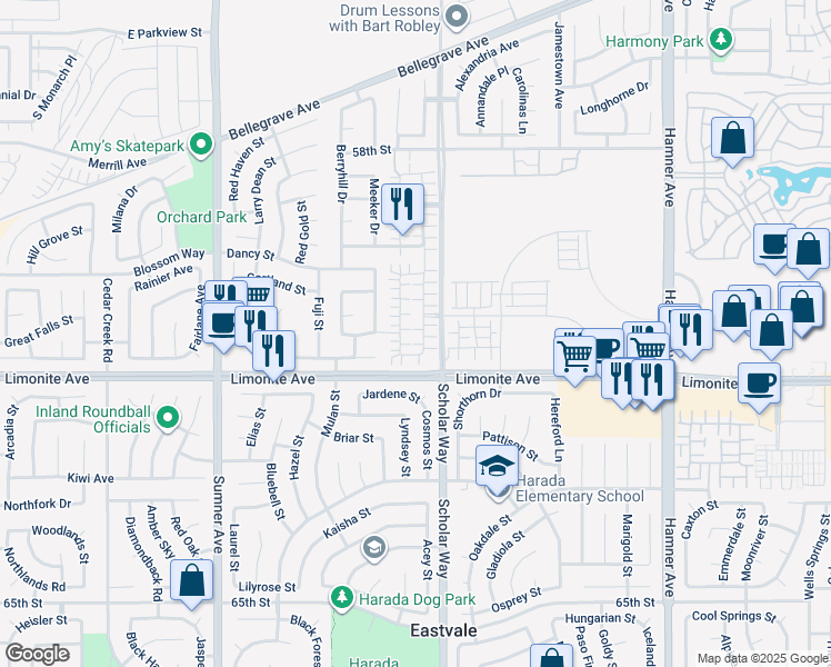 map of restaurants, bars, coffee shops, grocery stores, and more near 6109 Snapdragon Street in Corona
