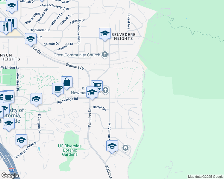 map of restaurants, bars, coffee shops, grocery stores, and more near 3716 Mount Vernon Avenue in Riverside