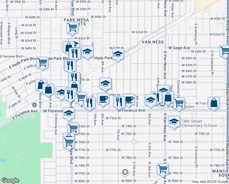 map of restaurants, bars, coffee shops, grocery stores, and more near 6751 7th Avenue in Los Angeles