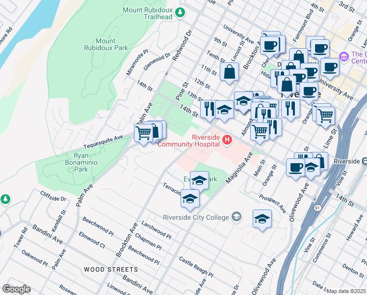 map of restaurants, bars, coffee shops, grocery stores, and more near 4577 Brockton Avenue in Riverside