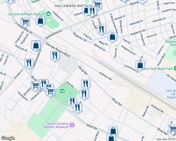 map of restaurants, bars, coffee shops, grocery stores, and more near 1054 Shop Road in Columbia