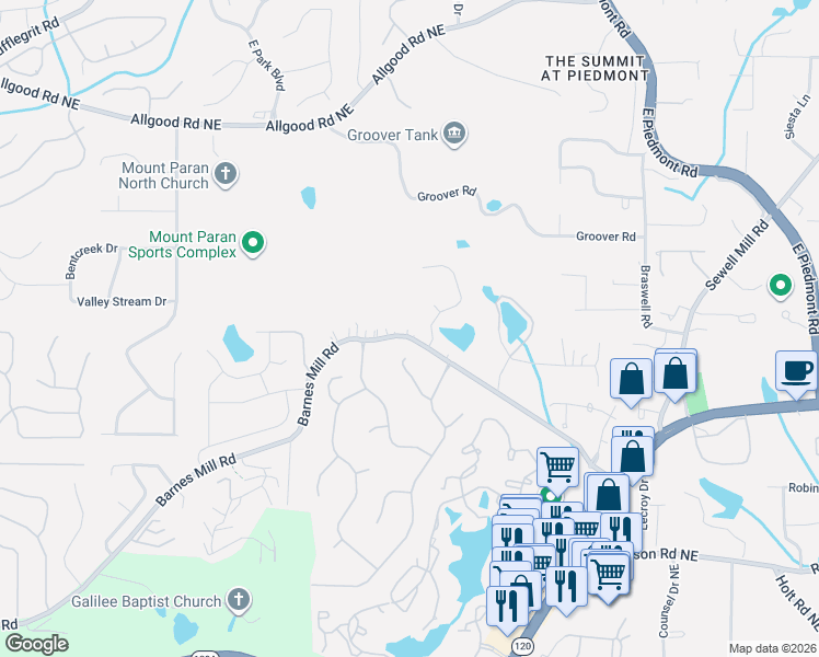 map of restaurants, bars, coffee shops, grocery stores, and more near 1139 Ashley Lake Drive in Marietta
