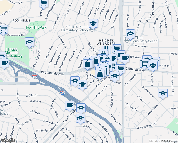 map of restaurants, bars, coffee shops, grocery stores, and more near 5496 West Centinela Avenue in Los Angeles