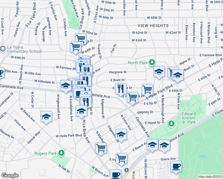 map of restaurants, bars, coffee shops, grocery stores, and more near 376 East Hillsdale Street in Inglewood