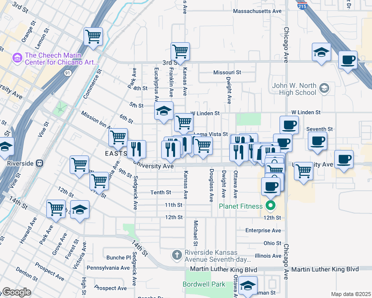 map of restaurants, bars, coffee shops, grocery stores, and more near Kansas Avenue & 7th Street in Riverside