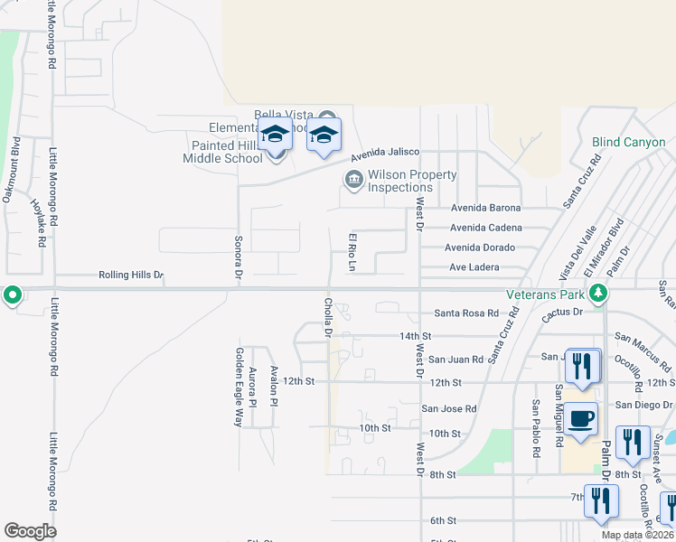 map of restaurants, bars, coffee shops, grocery stores, and more near 65770 Avenue Ladera in Desert Hot Springs