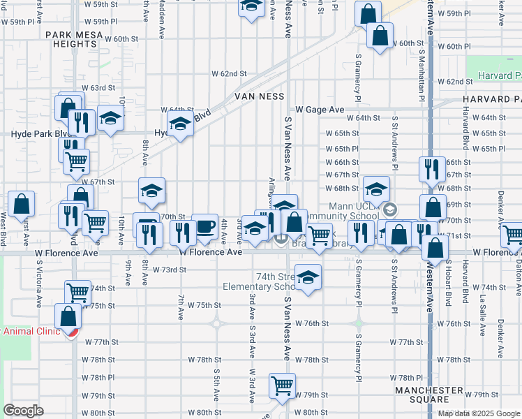 map of restaurants, bars, coffee shops, grocery stores, and more near 6752 2nd Avenue in Los Angeles