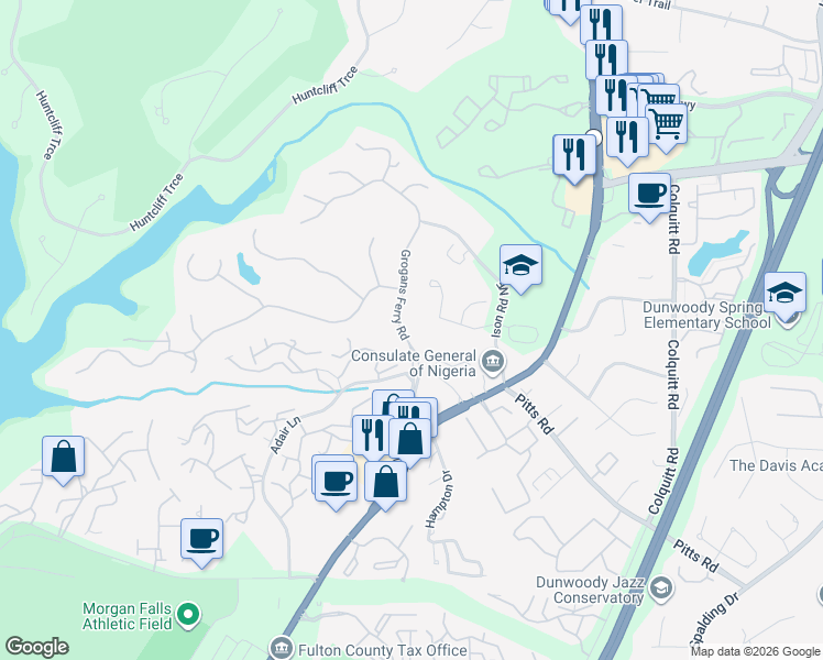 map of restaurants, bars, coffee shops, grocery stores, and more near 8115 Grogans Ferry Road in Atlanta