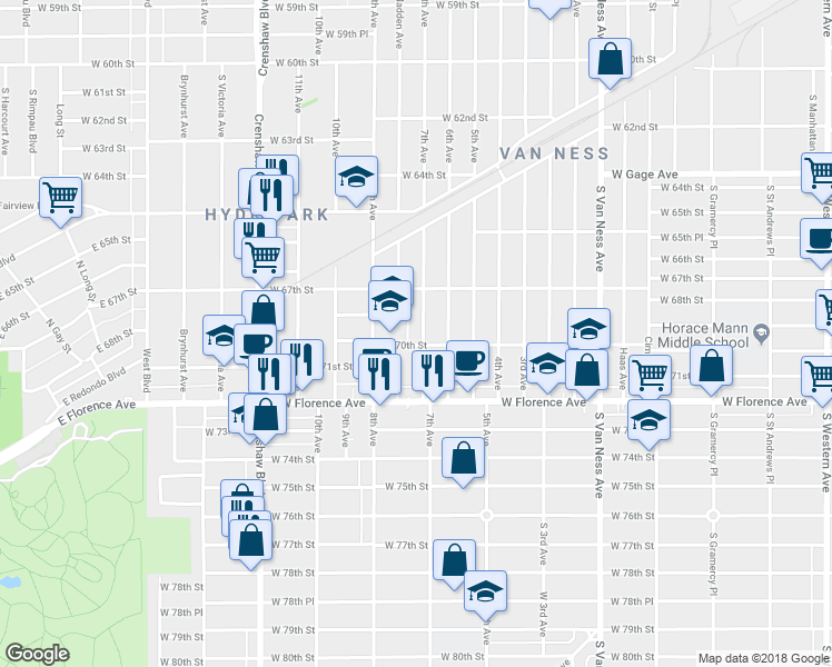 map of restaurants, bars, coffee shops, grocery stores, and more near 6751 7th Avenue in Los Angeles