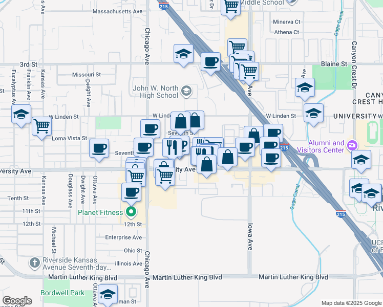 map of restaurants, bars, coffee shops, grocery stores, and more near 1555 University Avenue in Riverside