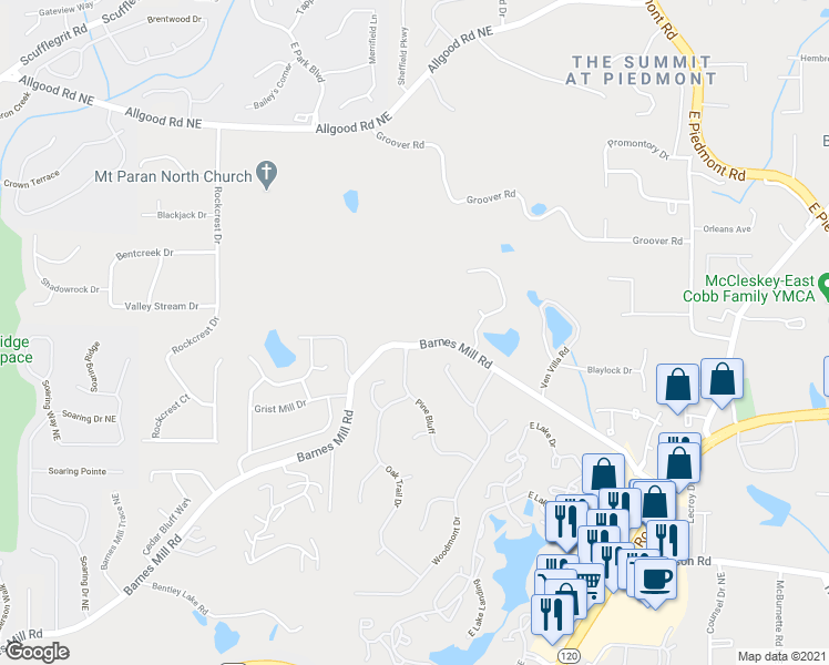 map of restaurants, bars, coffee shops, grocery stores, and more near 1865 Barnes Mill Road in Marietta