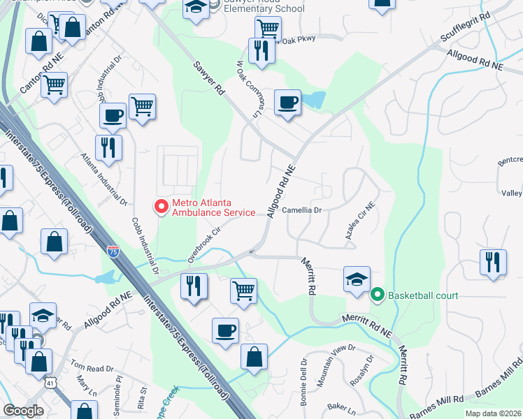 map of restaurants, bars, coffee shops, grocery stores, and more near 991 Overbrook Circle in Marietta