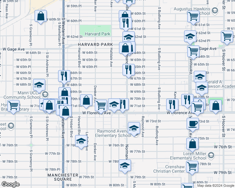map of restaurants, bars, coffee shops, grocery stores, and more near 1438 West 69th Street in Los Angeles