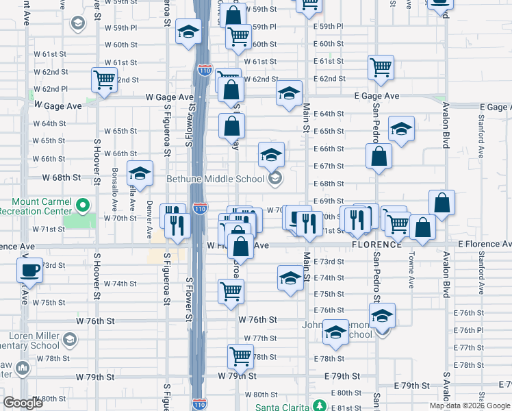 map of restaurants, bars, coffee shops, grocery stores, and more near 209 West 70th Street in Los Angeles
