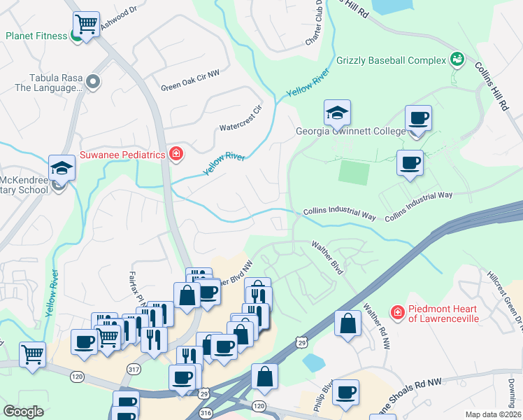 map of restaurants, bars, coffee shops, grocery stores, and more near 300 Twin Brook Way Northwest in Lawrenceville