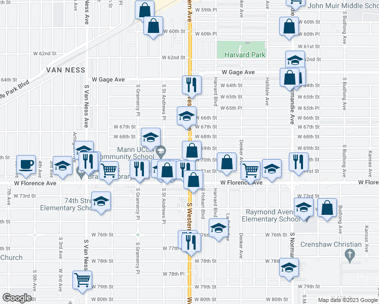 map of restaurants, bars, coffee shops, grocery stores, and more near 6901 South Western Avenue in Los Angeles