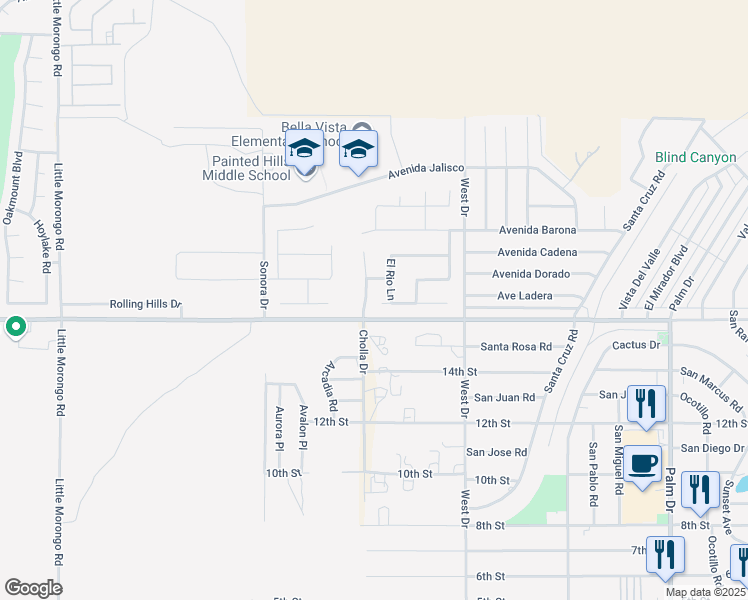 map of restaurants, bars, coffee shops, grocery stores, and more near 65770 Avenue Ladera in Desert Hot Springs