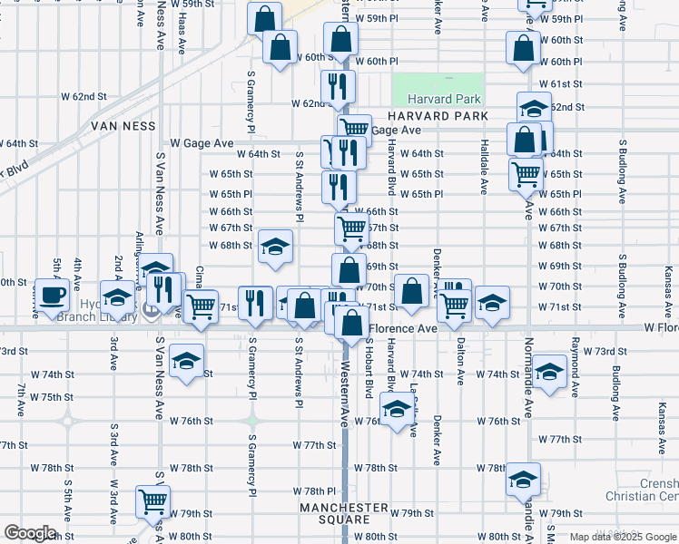 map of restaurants, bars, coffee shops, grocery stores, and more near 1815 West 70th Street in Los Angeles