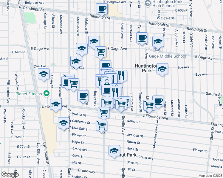 map of restaurants, bars, coffee shops, grocery stores, and more near in Huntington Park