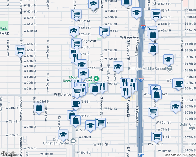 map of restaurants, bars, coffee shops, grocery stores, and more near 6928 South Hoover Street in Los Angeles