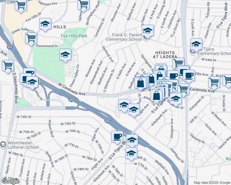 map of restaurants, bars, coffee shops, grocery stores, and more near 6748 South Halm Avenue in Los Angeles