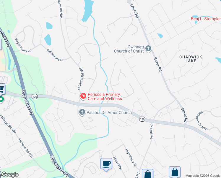 map of restaurants, bars, coffee shops, grocery stores, and more near 1658 Hampton Woods Way Northwest in Lawrenceville