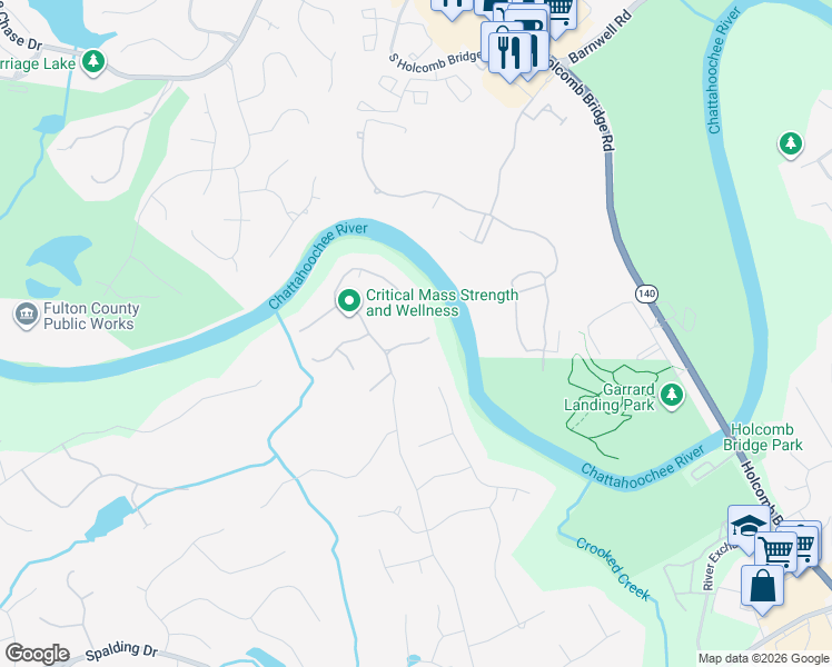 map of restaurants, bars, coffee shops, grocery stores, and more near 8131 Nesbit Ferry Road in Atlanta