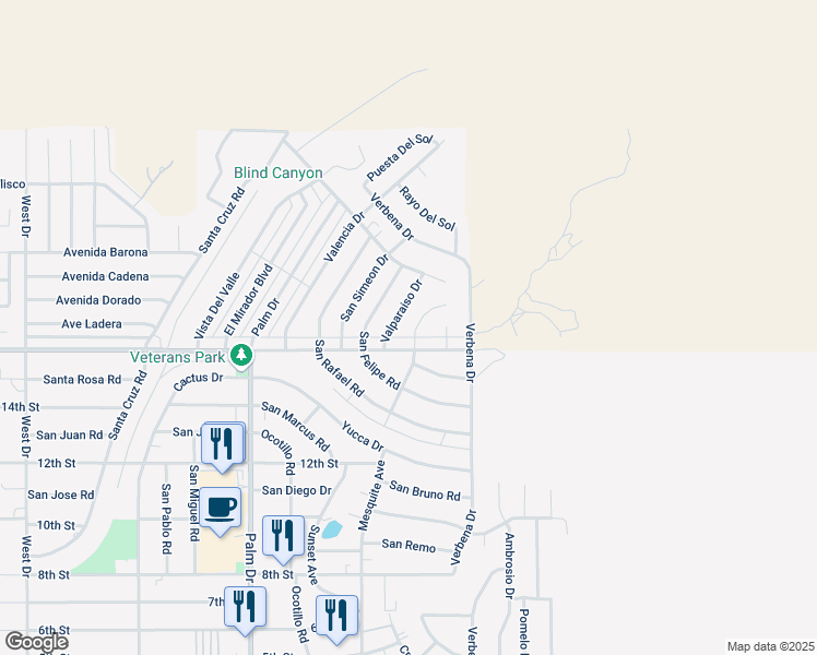 map of restaurants, bars, coffee shops, grocery stores, and more near 9970 Mesquite Avenue in Desert Hot Springs