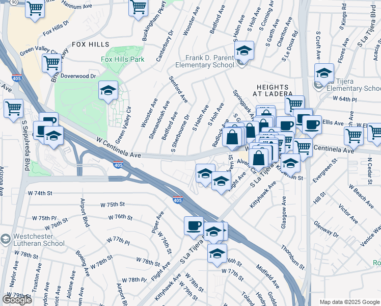 map of restaurants, bars, coffee shops, grocery stores, and more near 6748 South Halm Avenue in Los Angeles