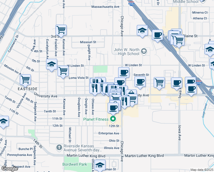 map of restaurants, bars, coffee shops, grocery stores, and more near 3725 Mesa Street in Riverside